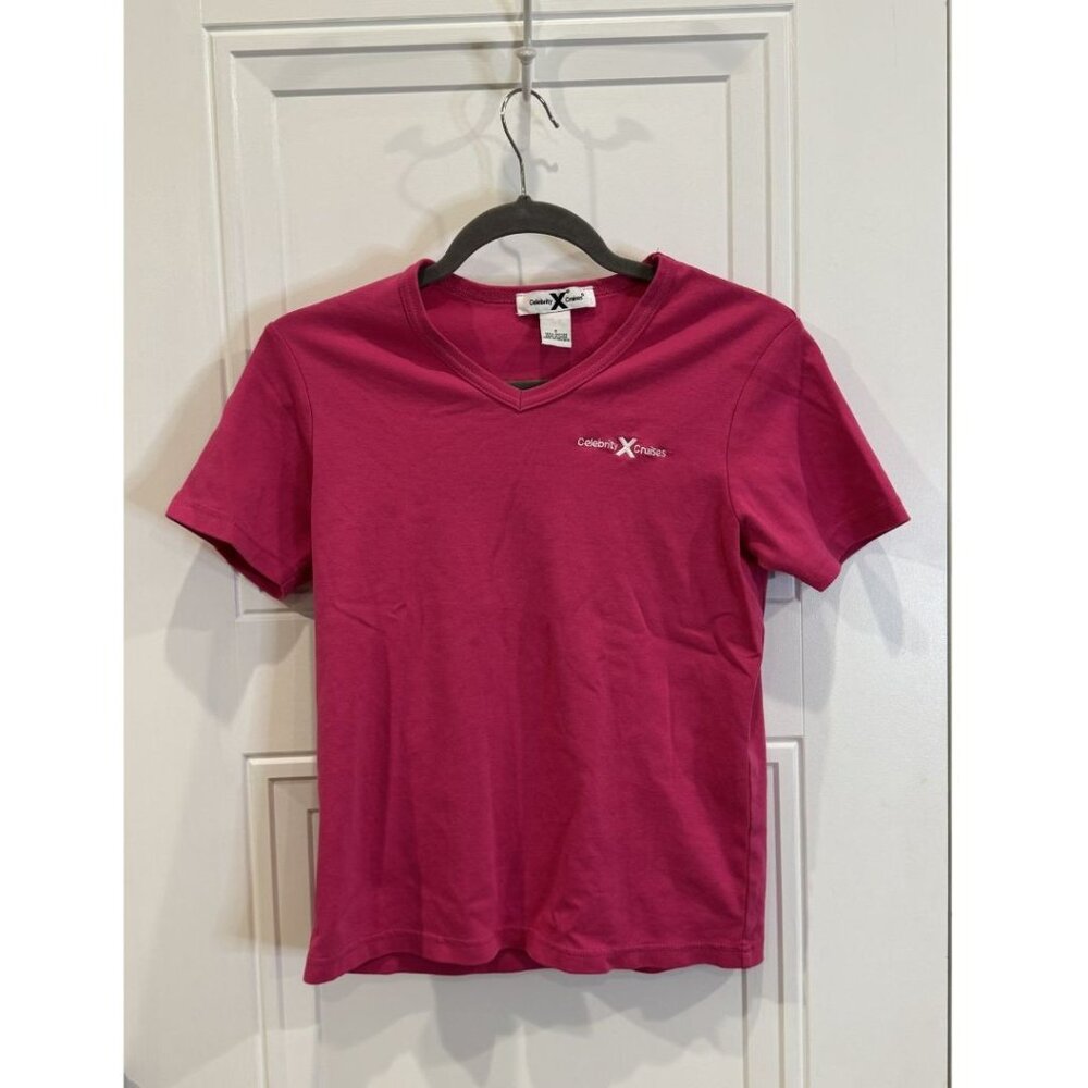 Pink Celebrity Cruises Logo V-Neck Short Sleeve T-Shirt 100% Cotton EUC